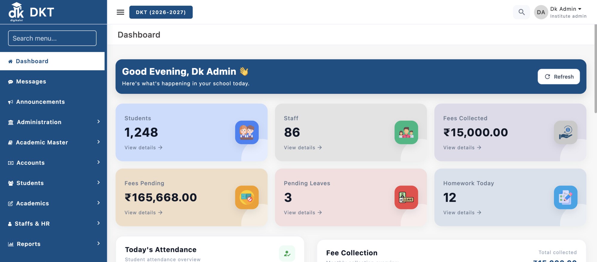 DigiKalvi school ERP dashboard showing students, staff, fees collected, fees pending, leaves and homework